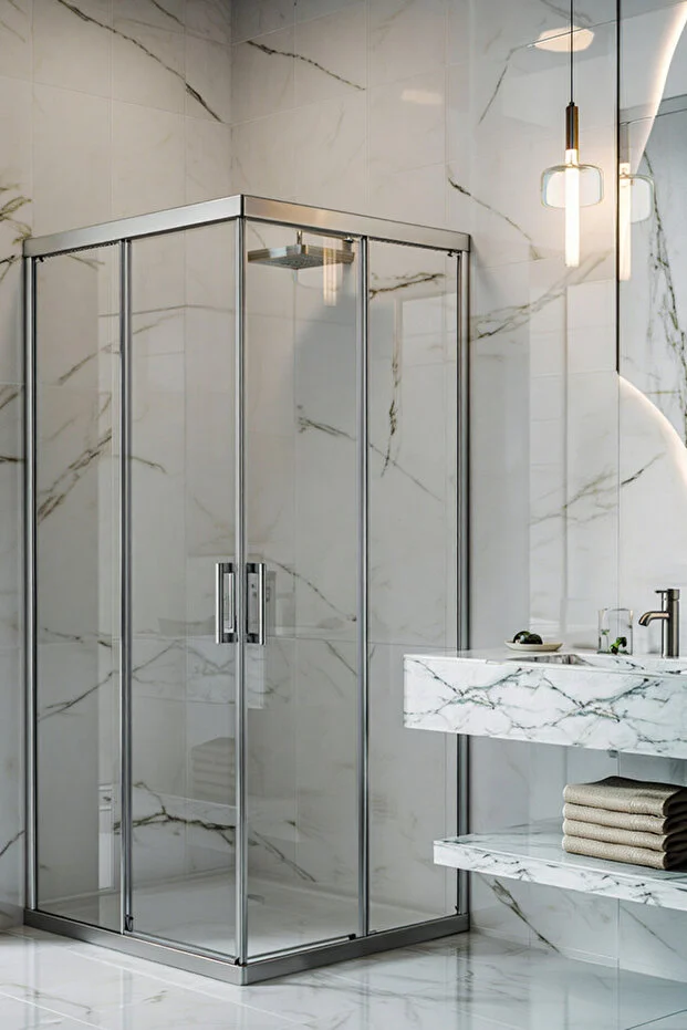 Kare Şeffaf 5 mm Temper Camlı Kayar Kapılı Duşakabin 190 cm Duş Teknesiz